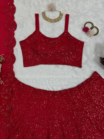 Party Wear Red Colour Chinon Silk Fabric Sequence Work Lehenga Choli