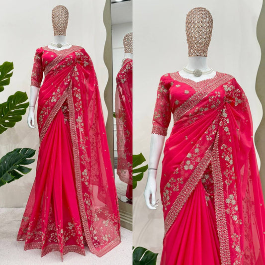 Designer Gajari Colour Tabby Silk Fabric Thread Work Saree