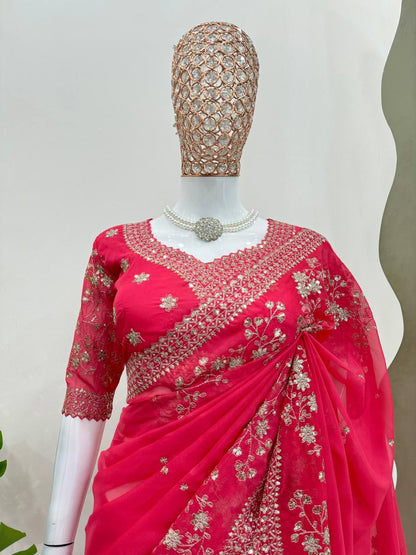 Designer Gajari Colour Tabby Silk Fabric Thread Work Saree