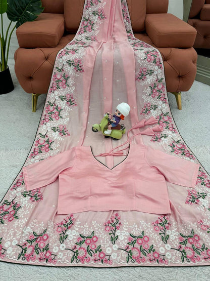Amazing Roman Silk Fabric Thread Work With Paiping Saree