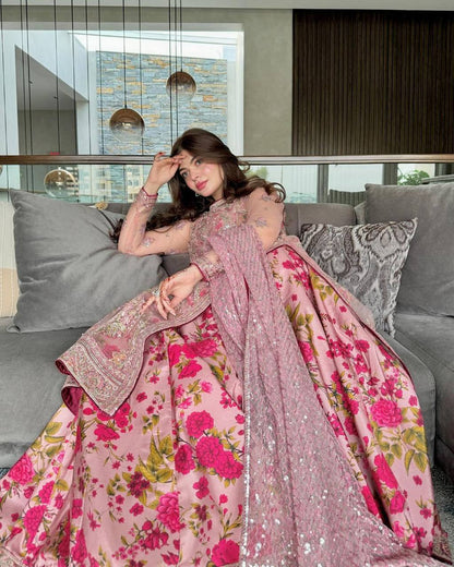 Gourgeous Pink Colour American Silk Fabric Gown With Shrug Wedding Wear