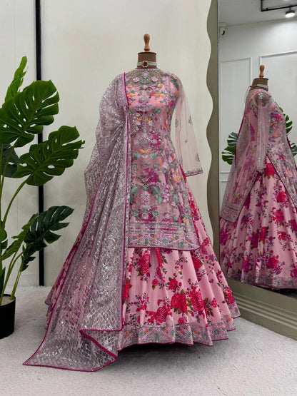 Gourgeous Pink Colour American Silk Fabric Gown With Shrug Wedding Wear
