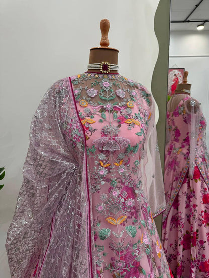 Gourgeous Pink Colour American Silk Fabric Gown With Shrug Wedding Wear
