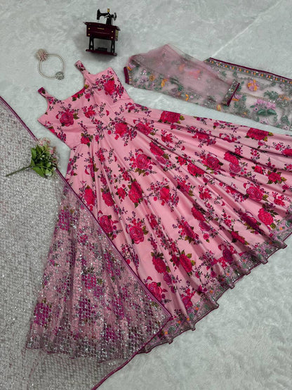 Gourgeous Pink Colour American Silk Fabric Gown With Shrug Wedding Wear