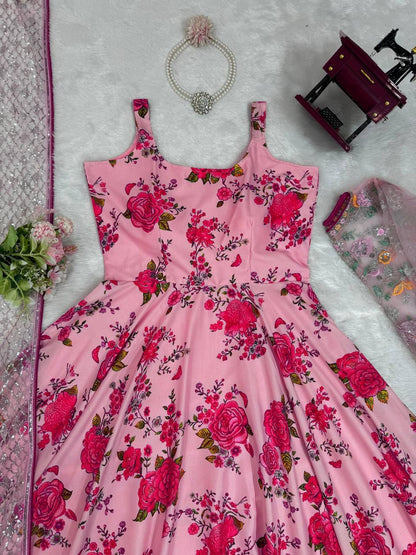 Gourgeous Pink Colour American Silk Fabric Gown With Shrug Wedding Wear