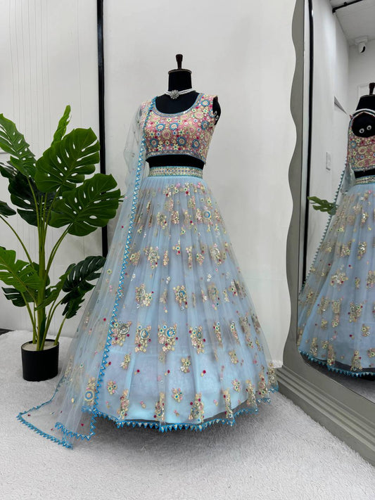 Designer Multi Colour Butterfly Net Fabric Sequence Work Lehenga Choli
