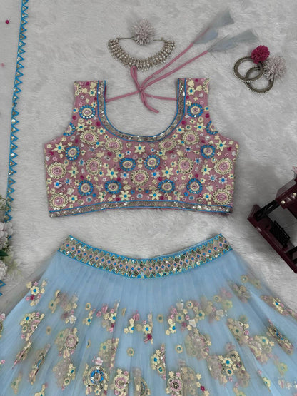 Designer Multi Colour Butterfly Net Fabric Sequence Work Lehenga Choli