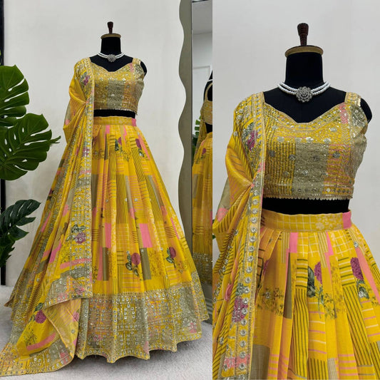 Beautiful Yellow Colour Chinon Silk Fabric Thread Work Lehenga Choli