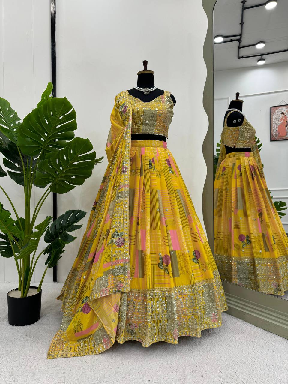 Beautiful Yellow Colour Chinon Silk Fabric Thread Work Lehenga Choli