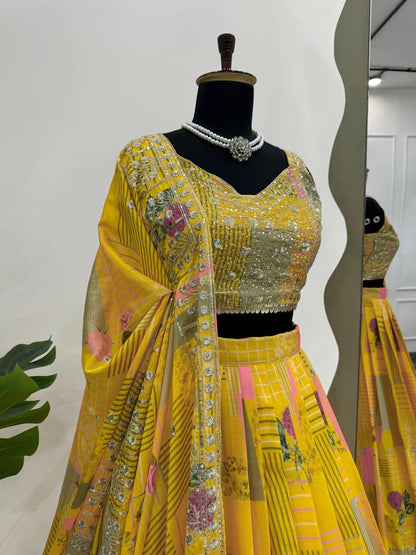 Beautiful Yellow Colour Chinon Silk Fabric Thread Work Lehenga Choli