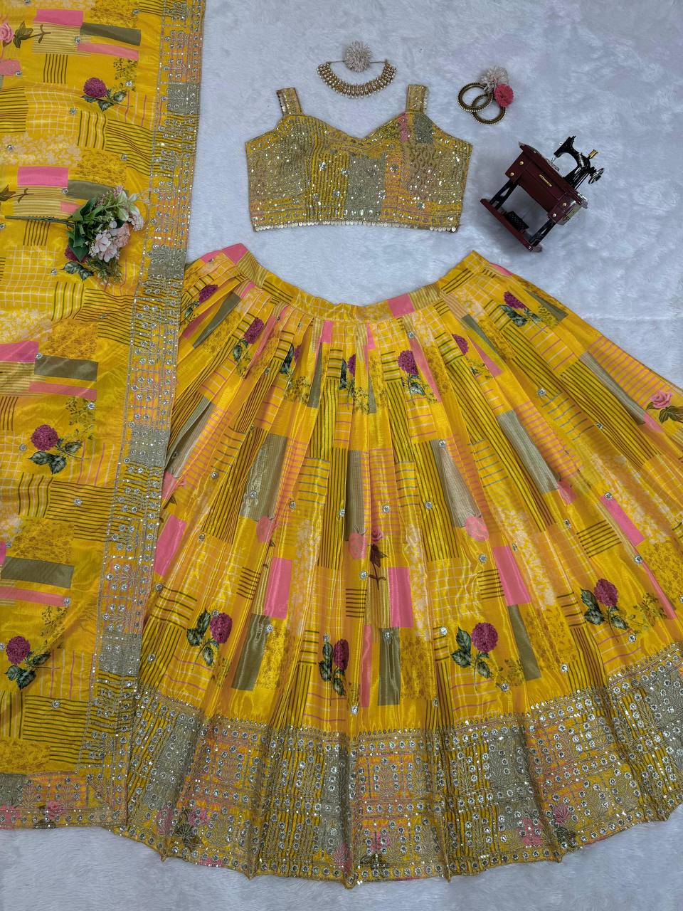 Beautiful Yellow Colour Chinon Silk Fabric Thread Work Lehenga Choli