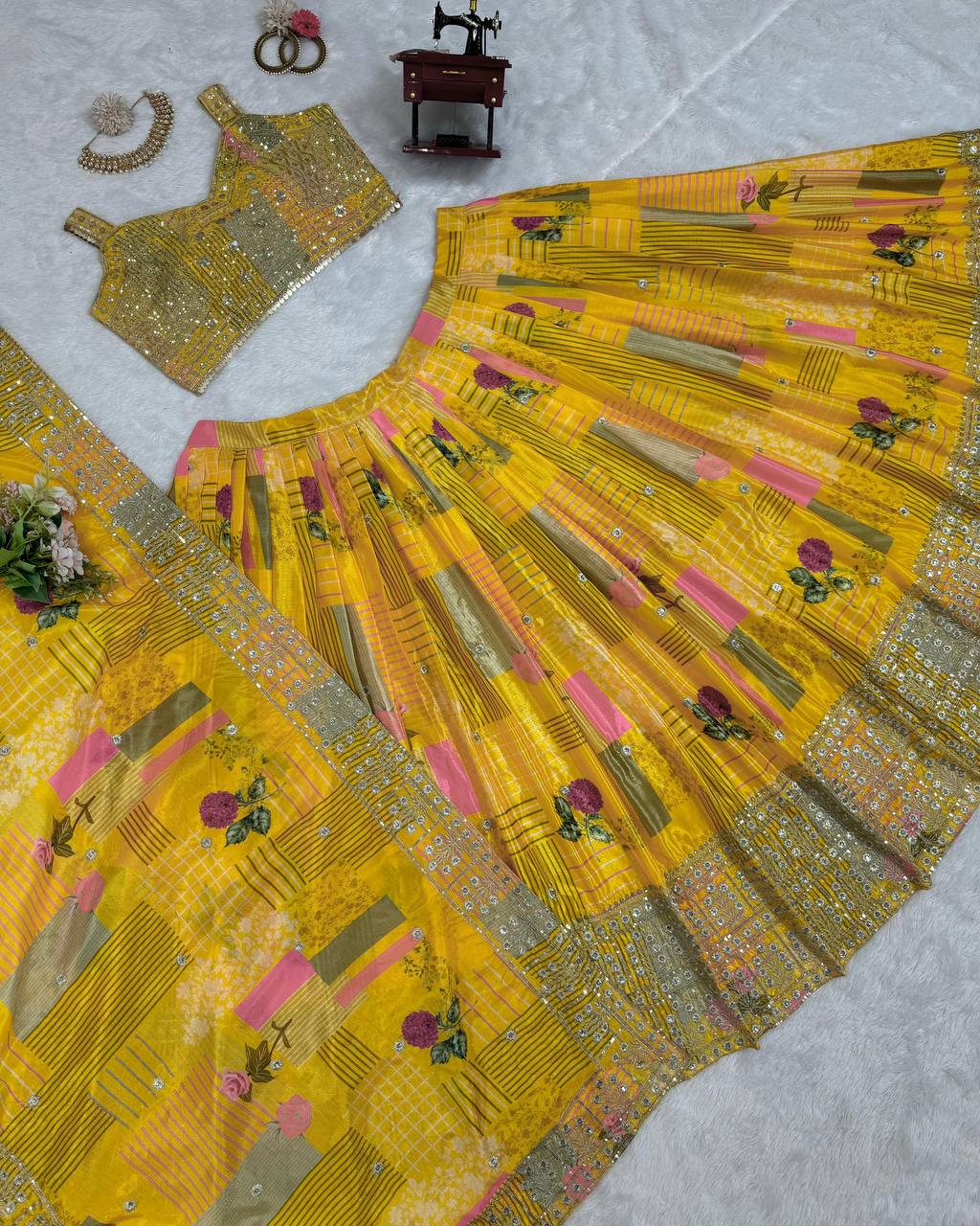 Beautiful Yellow Colour Chinon Silk Fabric Thread Work Lehenga Choli