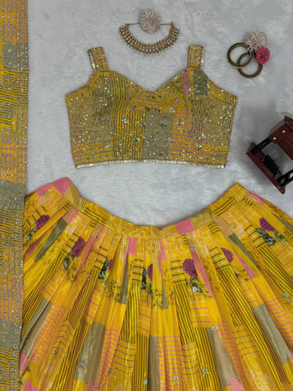 Beautiful Yellow Colour Chinon Silk Fabric Thread Work Lehenga Choli