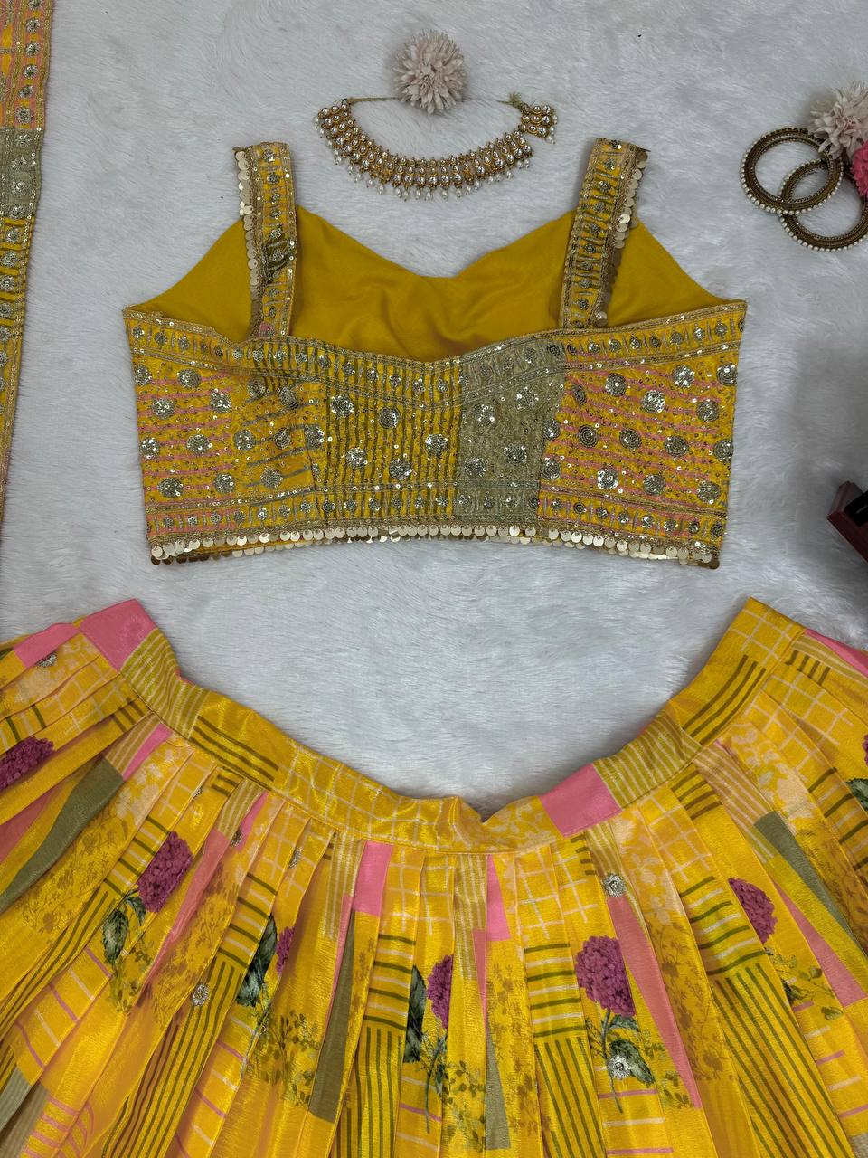 Beautiful Yellow Colour Chinon Silk Fabric Thread Work Lehenga Choli
