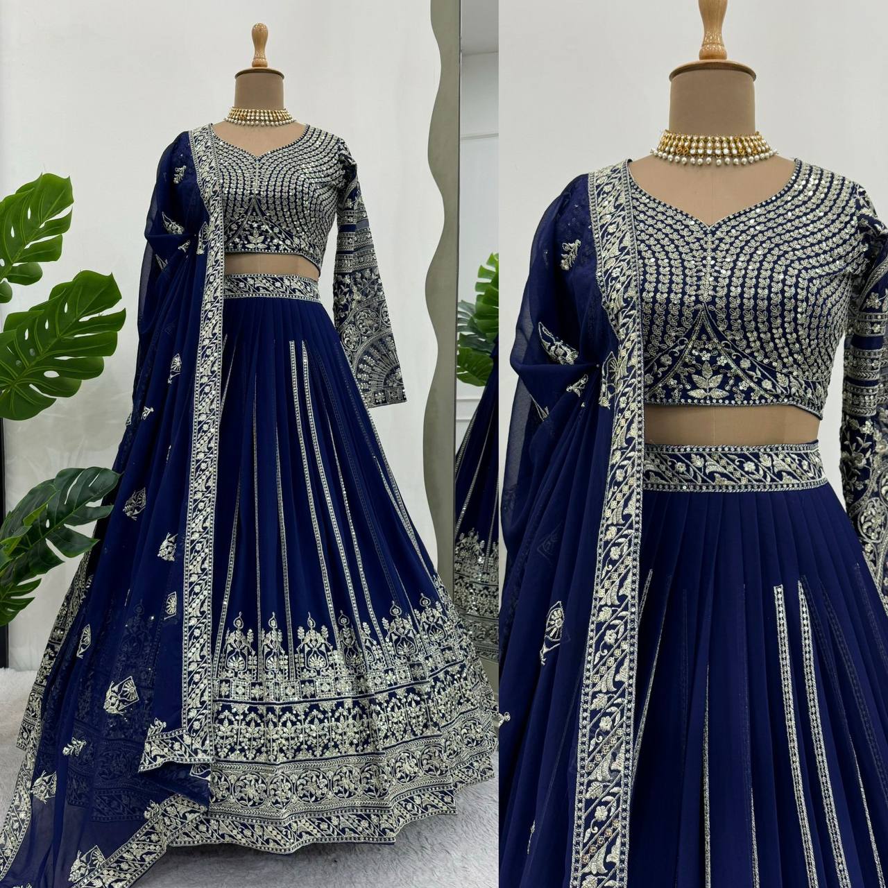 Wedding Wear Blue Colour Georgette Fabric Thread Work Lehenga Choli With Dupatta