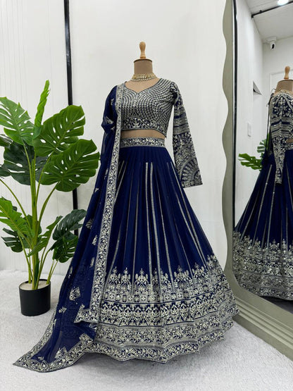 Wedding Wear Blue Colour Georgette Fabric Thread Work Lehenga Choli With Dupatta