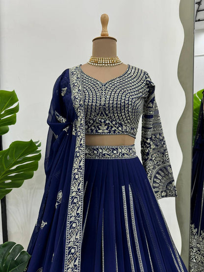 Wedding Wear Blue Colour Georgette Fabric Thread Work Lehenga Choli With Dupatta