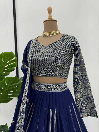 Wedding Wear Blue Colour Georgette Fabric Thread Work Lehenga Choli With Dupatta