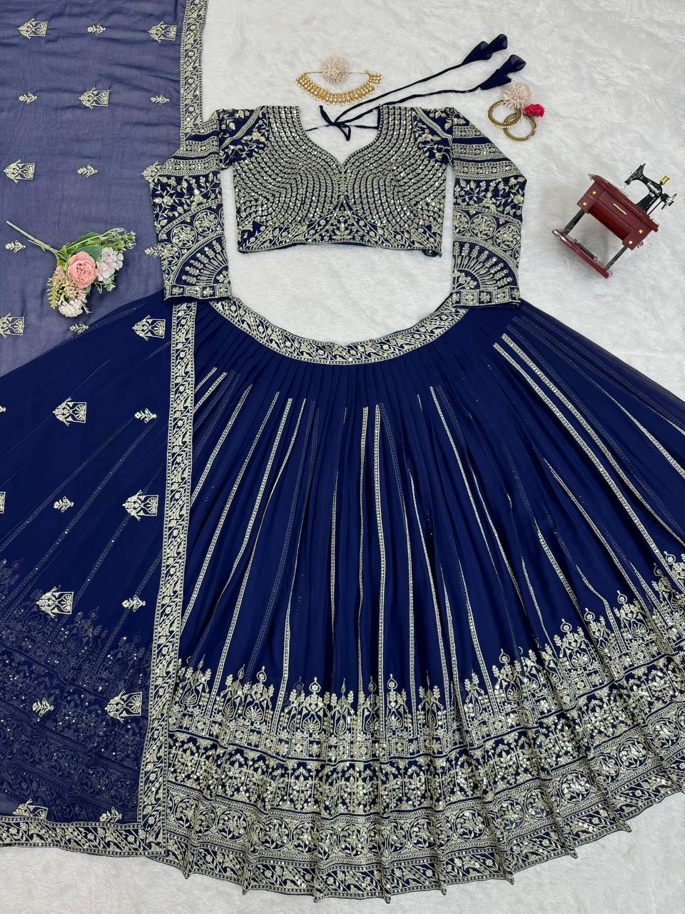 Wedding Wear Blue Colour Georgette Fabric Thread Work Lehenga Choli With Dupatta
