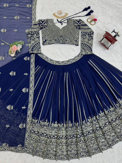 Wedding Wear Blue Colour Georgette Fabric Thread Work Lehenga Choli With Dupatta