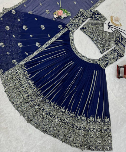 Wedding Wear Blue Colour Georgette Fabric Thread Work Lehenga Choli With Dupatta
