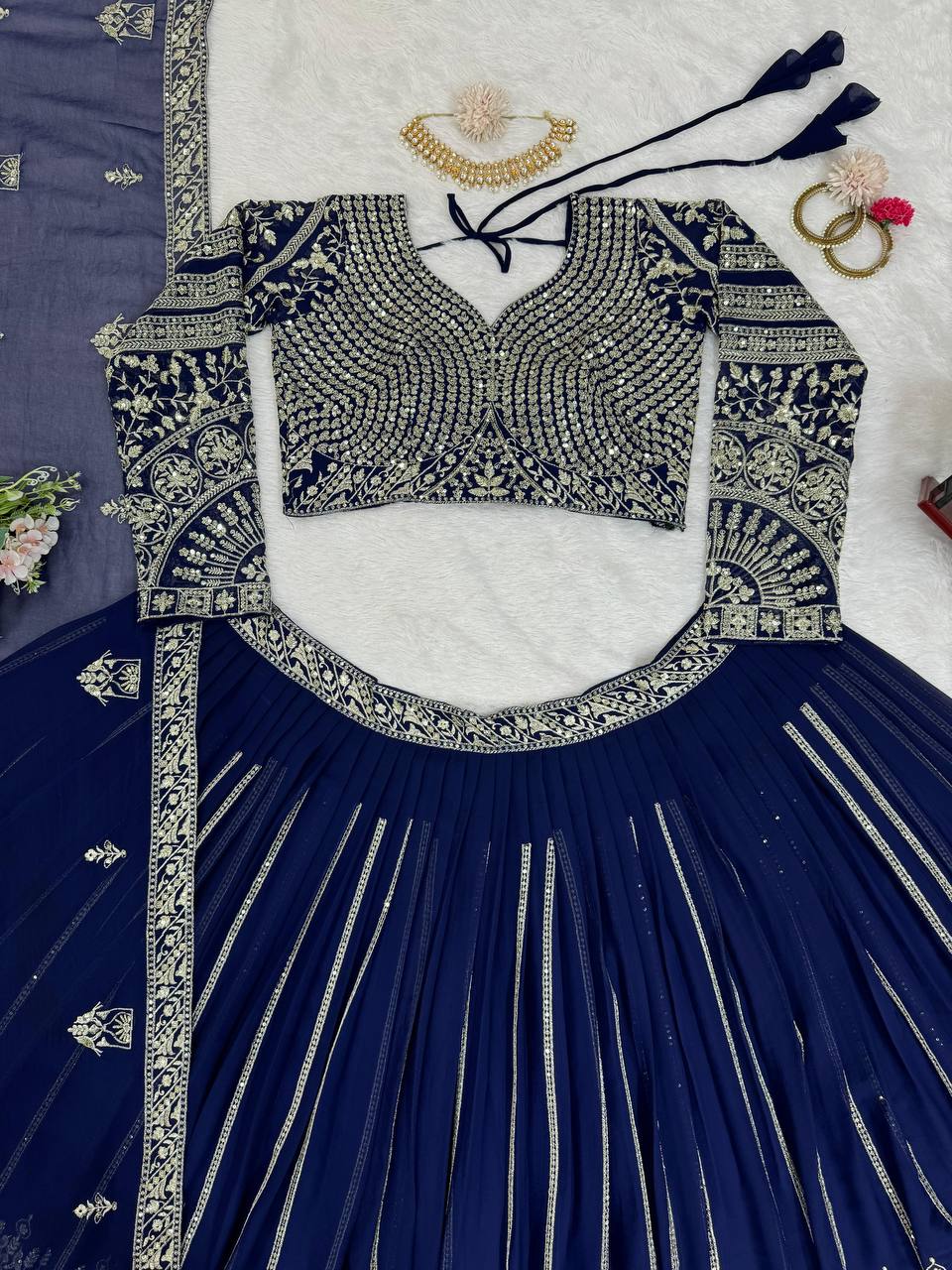Wedding Wear Blue Colour Georgette Fabric Thread Work Lehenga Choli With Dupatta