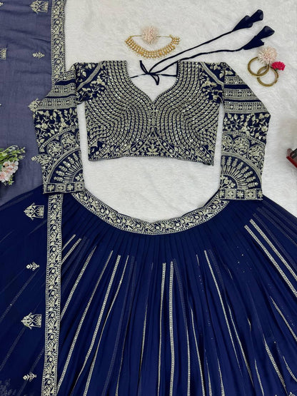 Wedding Wear Blue Colour Georgette Fabric Thread Work Lehenga Choli With Dupatta