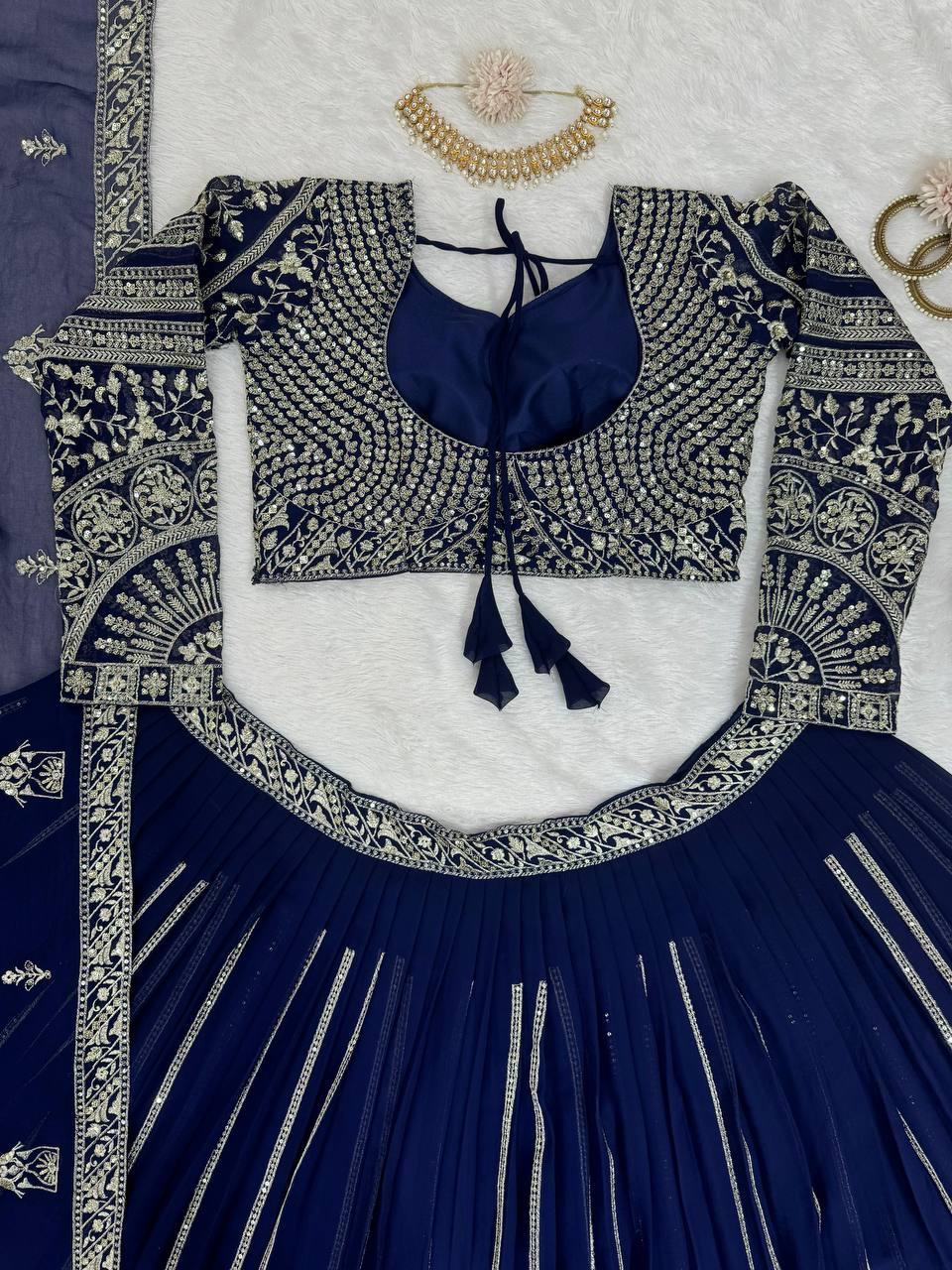Wedding Wear Blue Colour Georgette Fabric Thread Work Lehenga Choli With Dupatta