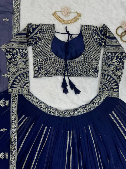 Wedding Wear Blue Colour Georgette Fabric Thread Work Lehenga Choli With Dupatta