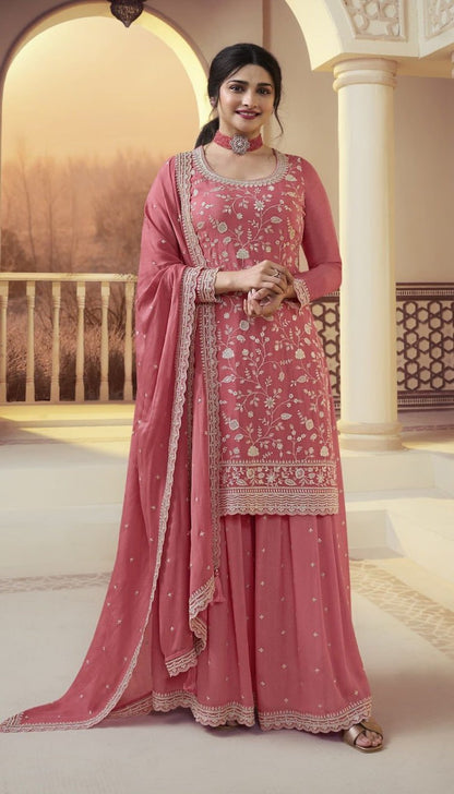 Fabulous Heavy Vichitra Blooming Fabric Embroidery Work Sharara Suit With Dupatta