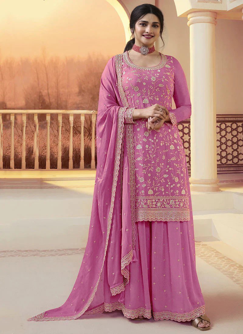 Fabulous Heavy Vichitra Blooming Fabric Embroidery Work Sharara Suit With Dupatta