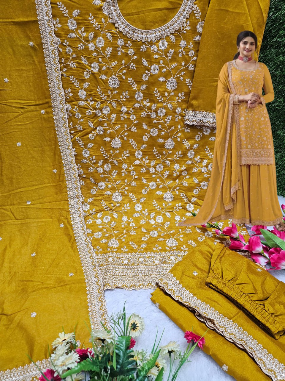 Fabulous Heavy Vichitra Blooming Fabric Embroidery Work Sharara Suit With Dupatta