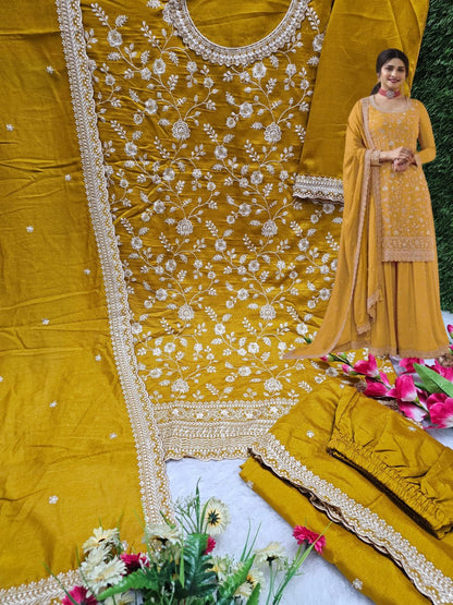 Fabulous Heavy Vichitra Blooming Fabric Embroidery Work Sharara Suit With Dupatta