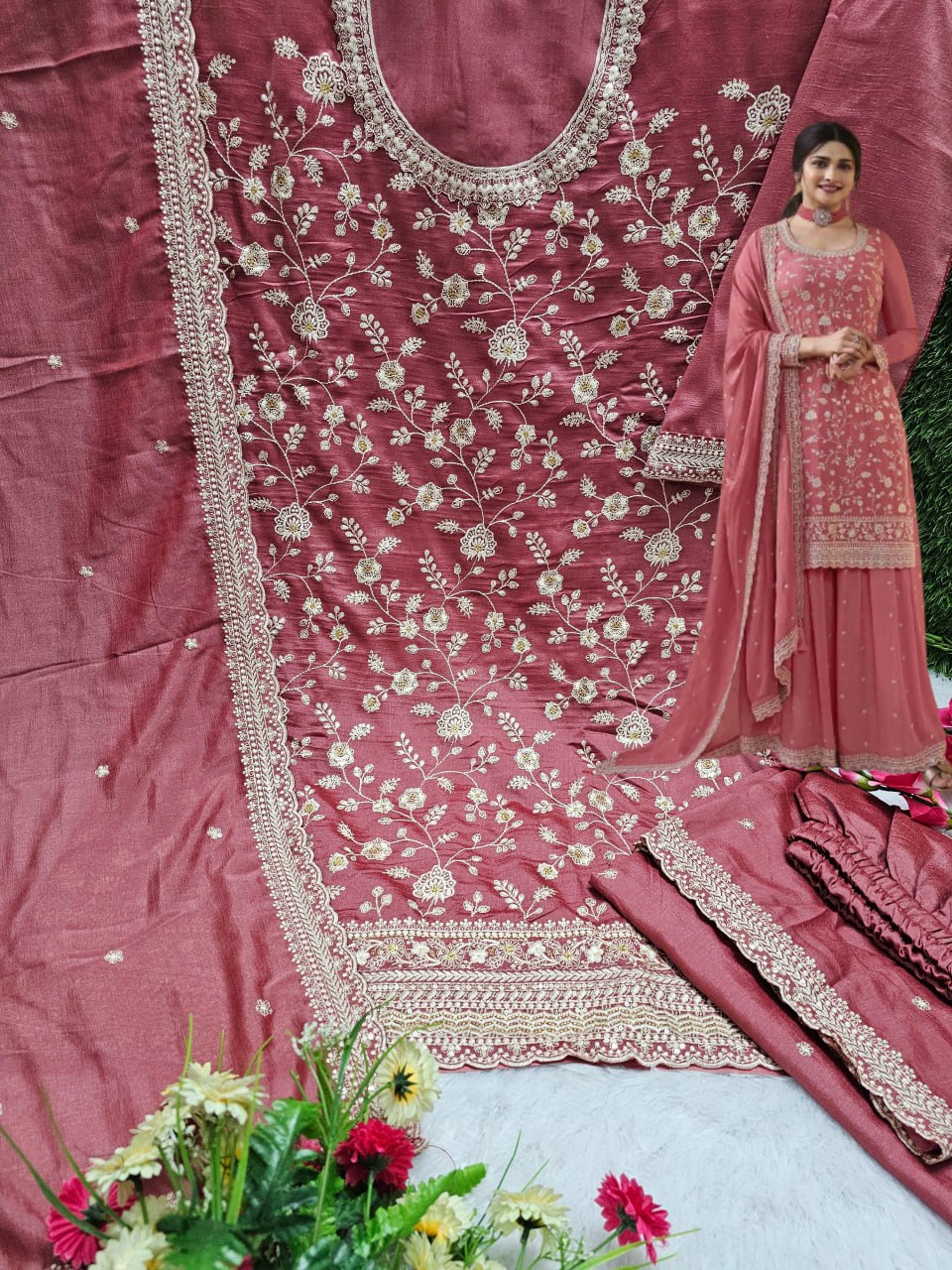 Fabulous Heavy Vichitra Blooming Fabric Embroidery Work Sharara Suit With Dupatta