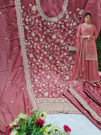 Fabulous Heavy Vichitra Blooming Fabric Embroidery Work Sharara Suit With Dupatta