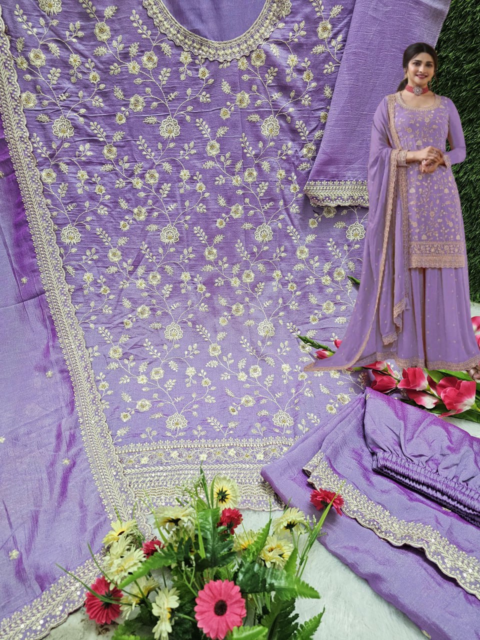 Fabulous Heavy Vichitra Blooming Fabric Embroidery Work Sharara Suit With Dupatta