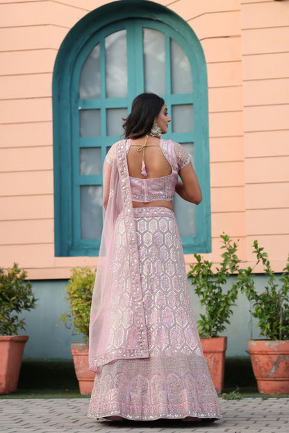 Pink Soft Net Embellished Glitter Dori Lehenga Choli With Dupatta