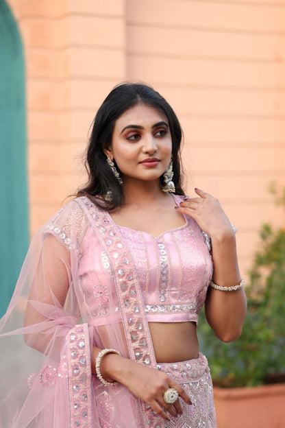 Pink Soft Net Embellished Glitter Dori Lehenga Choli With Dupatta