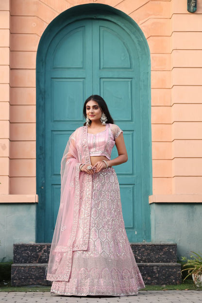 Pink Soft Net Embellished Glitter Dori Lehenga Choli With Dupatta