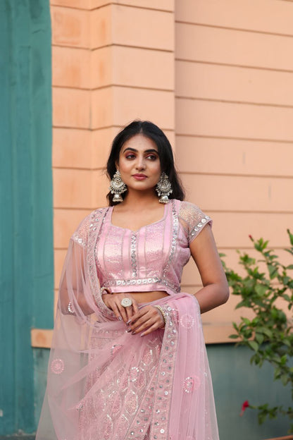 Pink Soft Net Embellished Glitter Dori Lehenga Choli With Dupatta