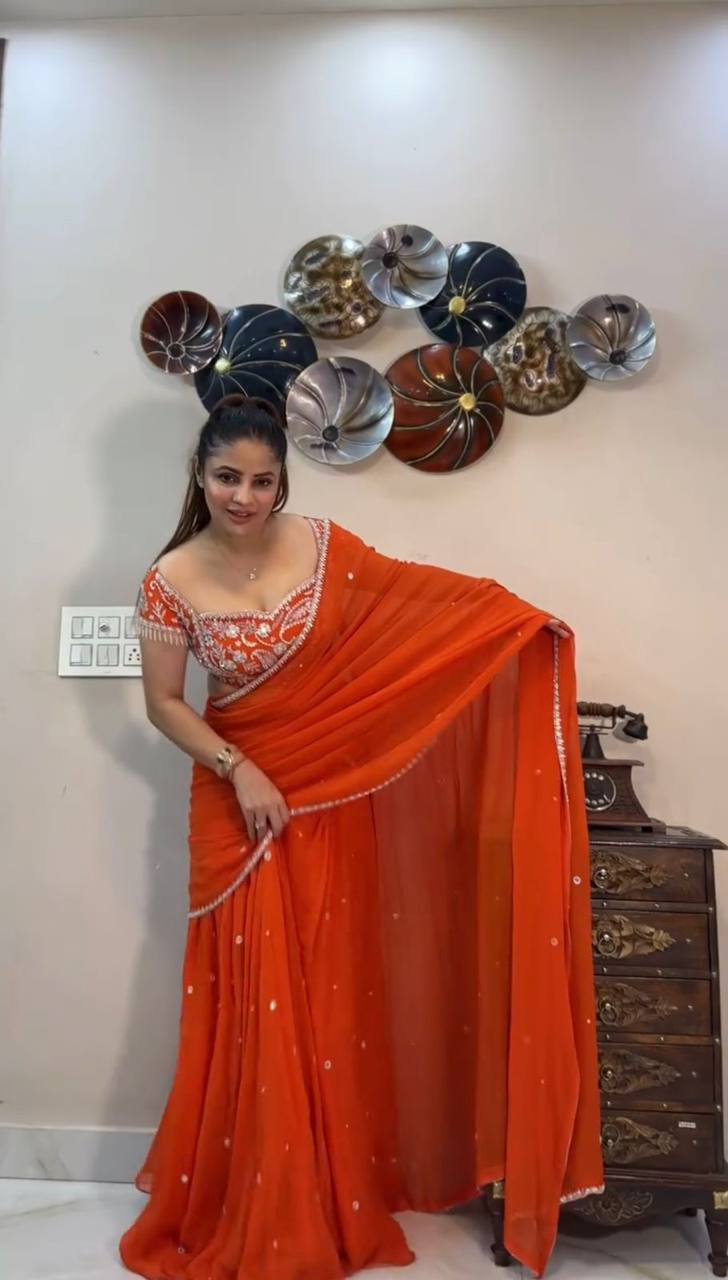 Ready to Wear Orange Color Ruffle Style Georgette Lehenga Saree