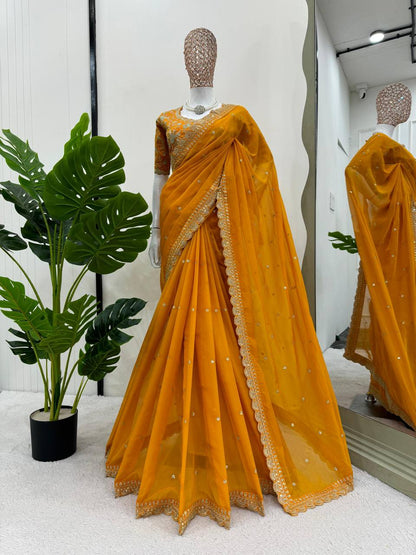 Designer Gajari Colour Tabby Silk Fabric Thread Work Saree