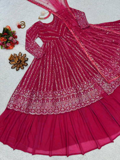 Party Wear Georgette Stitched Gown With Lehenga Dupatta