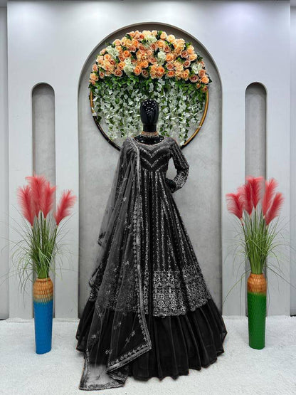Party Wear Georgette Stitched Gown With Lehenga Dupatta