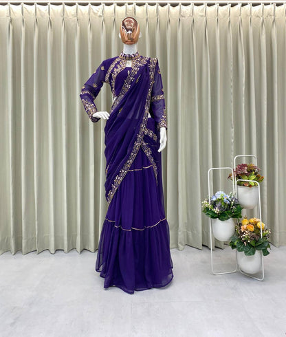 Red Georgette Stitched Lehenga Saree - 4 Color Option