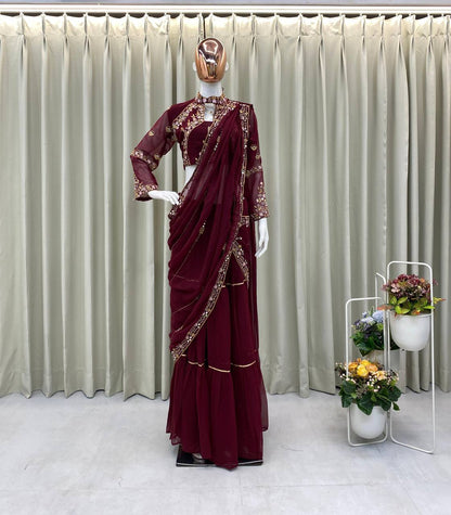 Red Georgette Stitched Lehenga Saree - 4 Color Option