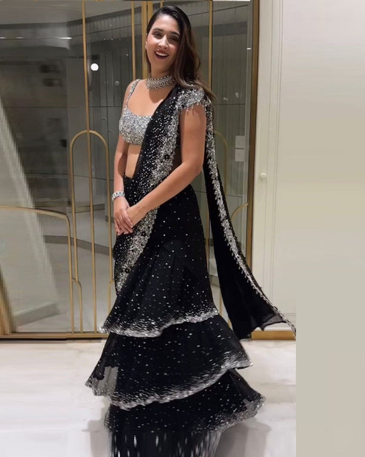 Black Color Georgette Silve Sequence Ready to Wear Saree