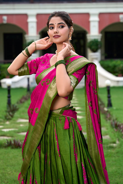 Green Dola Silk Stitched 3.80 Flair Lehenga with Bandhej Print Blouse Fabric