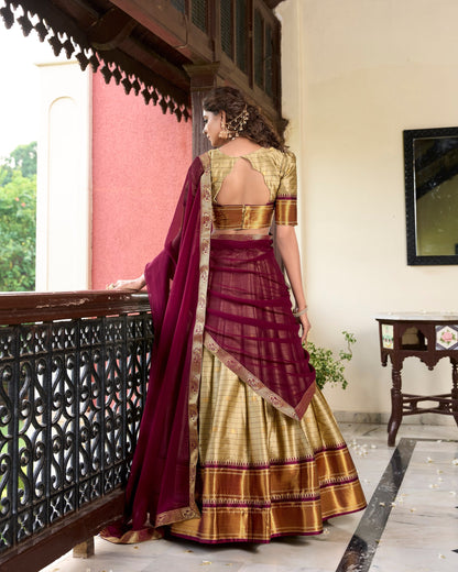 Cream Maroon Cotton Silk Lehenga Choli