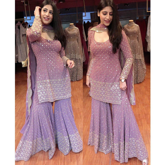 Lilac Colour Georgette Stitched Sharara Suit